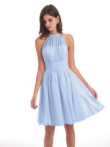 Tegan Knee Length Halter Chiffon Bridesmaid Dresses