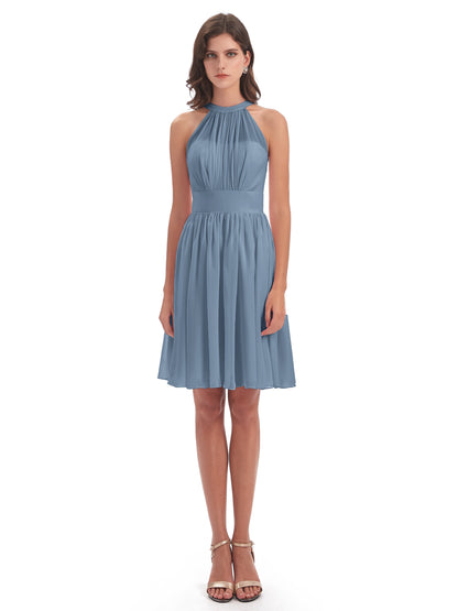 Tegan Knee Length Halter Chiffon Bridesmaid Dresses