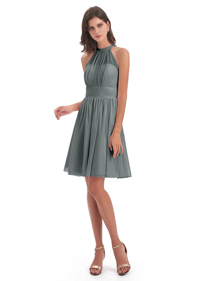 Tegan Knee Length Halter Chiffon Bridesmaid Dresses