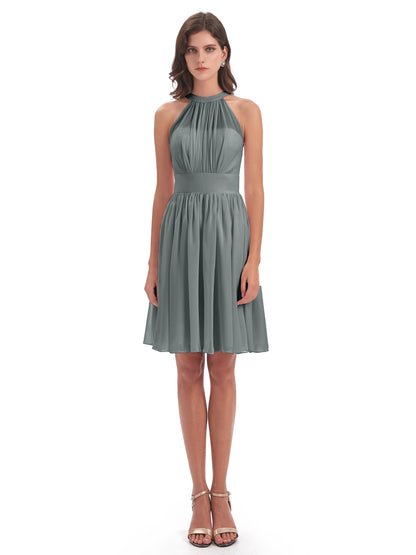 Tegan Knee Length Halter Chiffon Bridesmaid Dresses