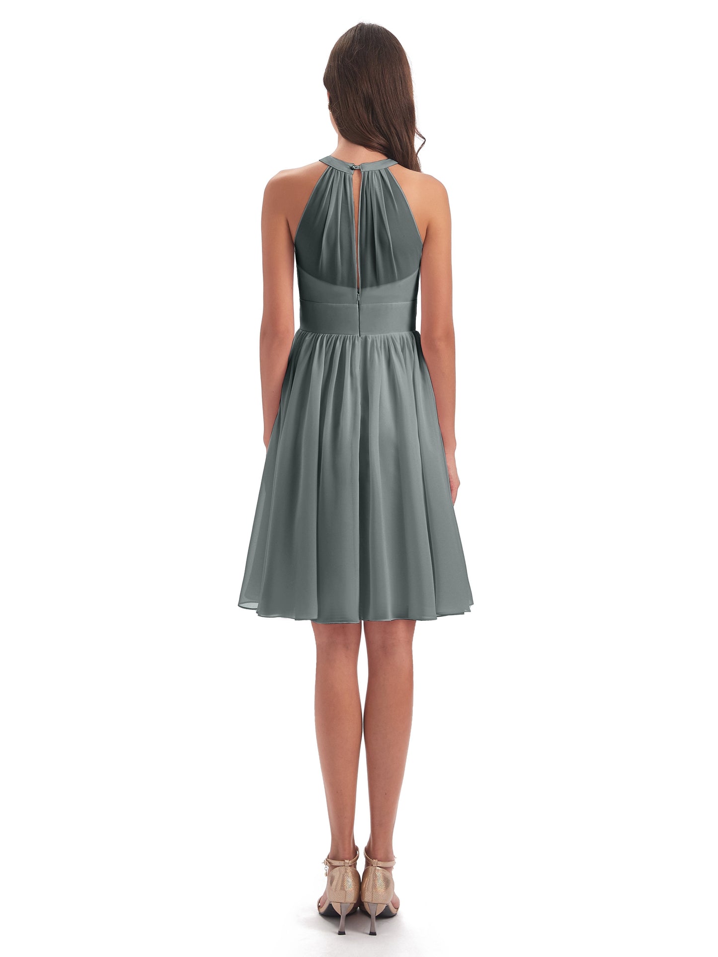 Tegan Knee Length Halter Chiffon Bridesmaid Dresses