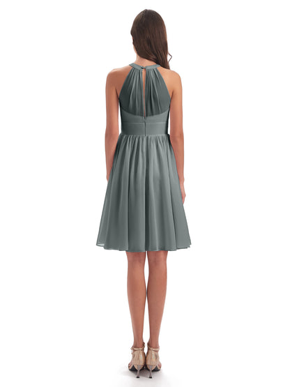 Tegan Knee Length Halter Chiffon Bridesmaid Dresses