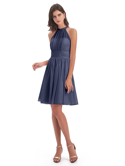 Tegan Knee Length Halter Chiffon Bridesmaid Dresses