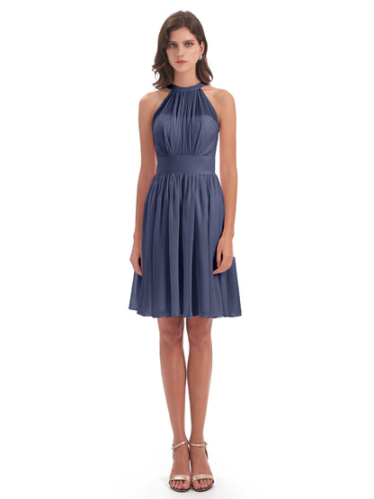 Tegan Knee Length Halter Chiffon Bridesmaid Dresses