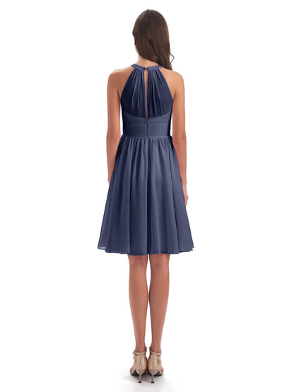Tegan Knee Length Halter Chiffon Bridesmaid Dresses