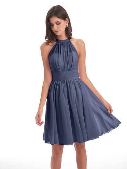 Tegan Knee Length Halter Chiffon Bridesmaid Dresses