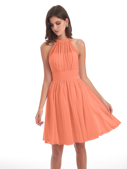 Tegan Knee Length Halter Chiffon Bridesmaid Dresses