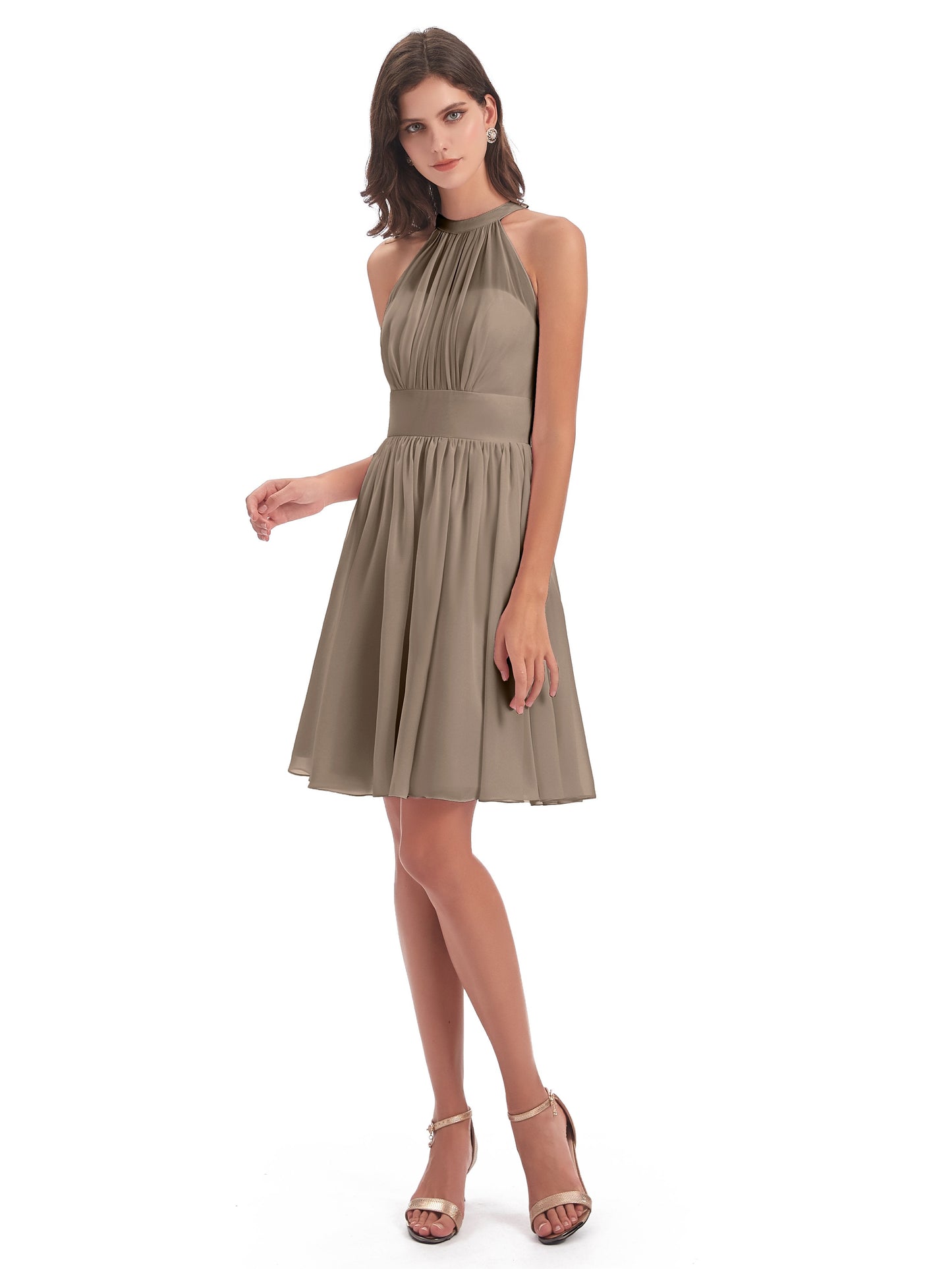 Tegan Knee Length Halter Chiffon Bridesmaid Dresses