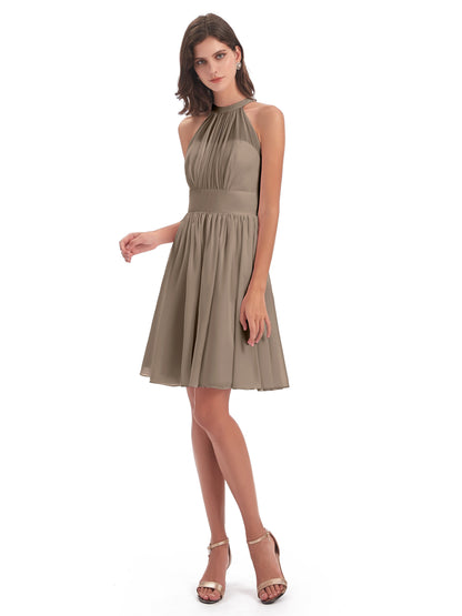 Tegan Knee Length Halter Chiffon Bridesmaid Dresses