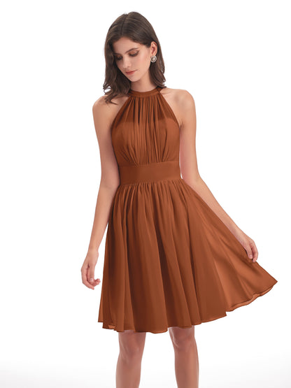 Tegan Knee Length Halter Chiffon Bridesmaid Dresses