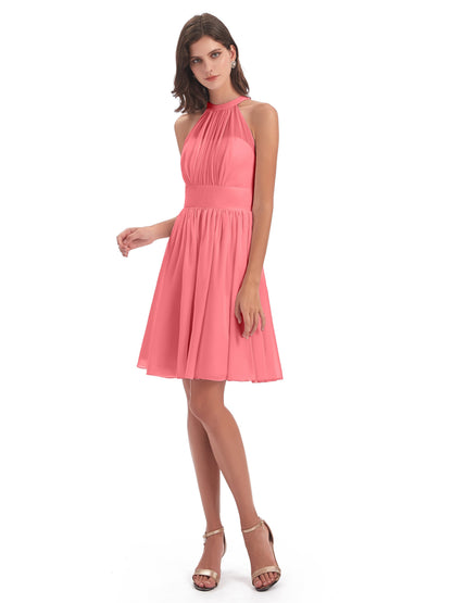 Tegan Knee Length Halter Chiffon Bridesmaid Dresses