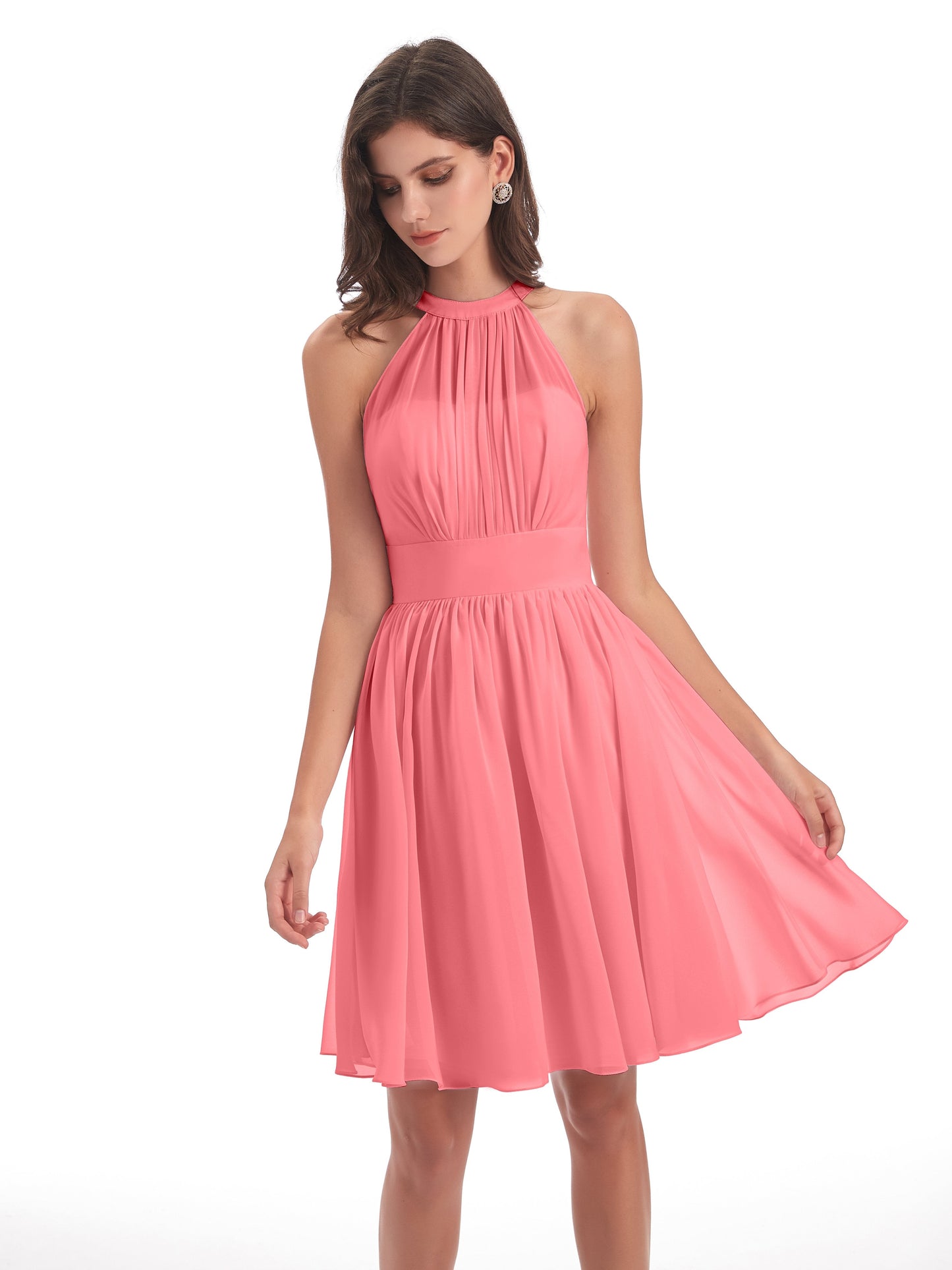 Tegan Knee Length Halter Chiffon Bridesmaid Dresses