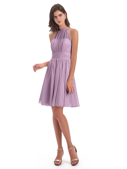 Tegan Knee Length Halter Chiffon Bridesmaid Dresses