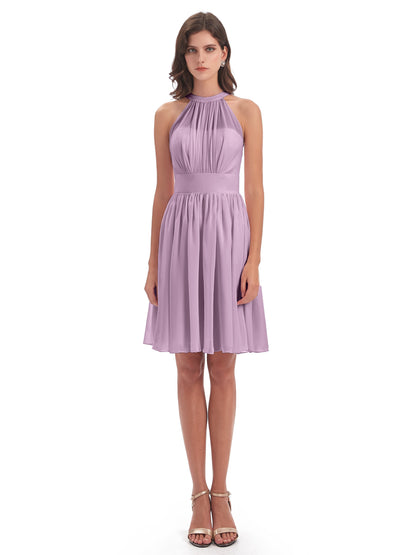 Tegan Knee Length Halter Chiffon Bridesmaid Dresses