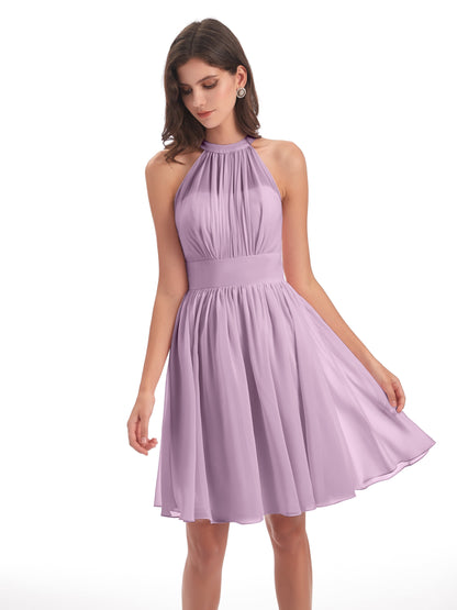 Tegan Knee Length Halter Chiffon Bridesmaid Dresses
