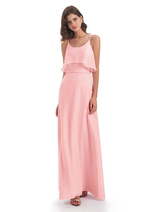 Vada Sheath-Column Floor Length Spaghetti Straps Chiffon Long Bridesmaid Dresses