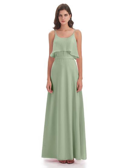 Vada Sheath-Column Floor Length Spaghetti Straps Chiffon Long Bridesmaid Dresses