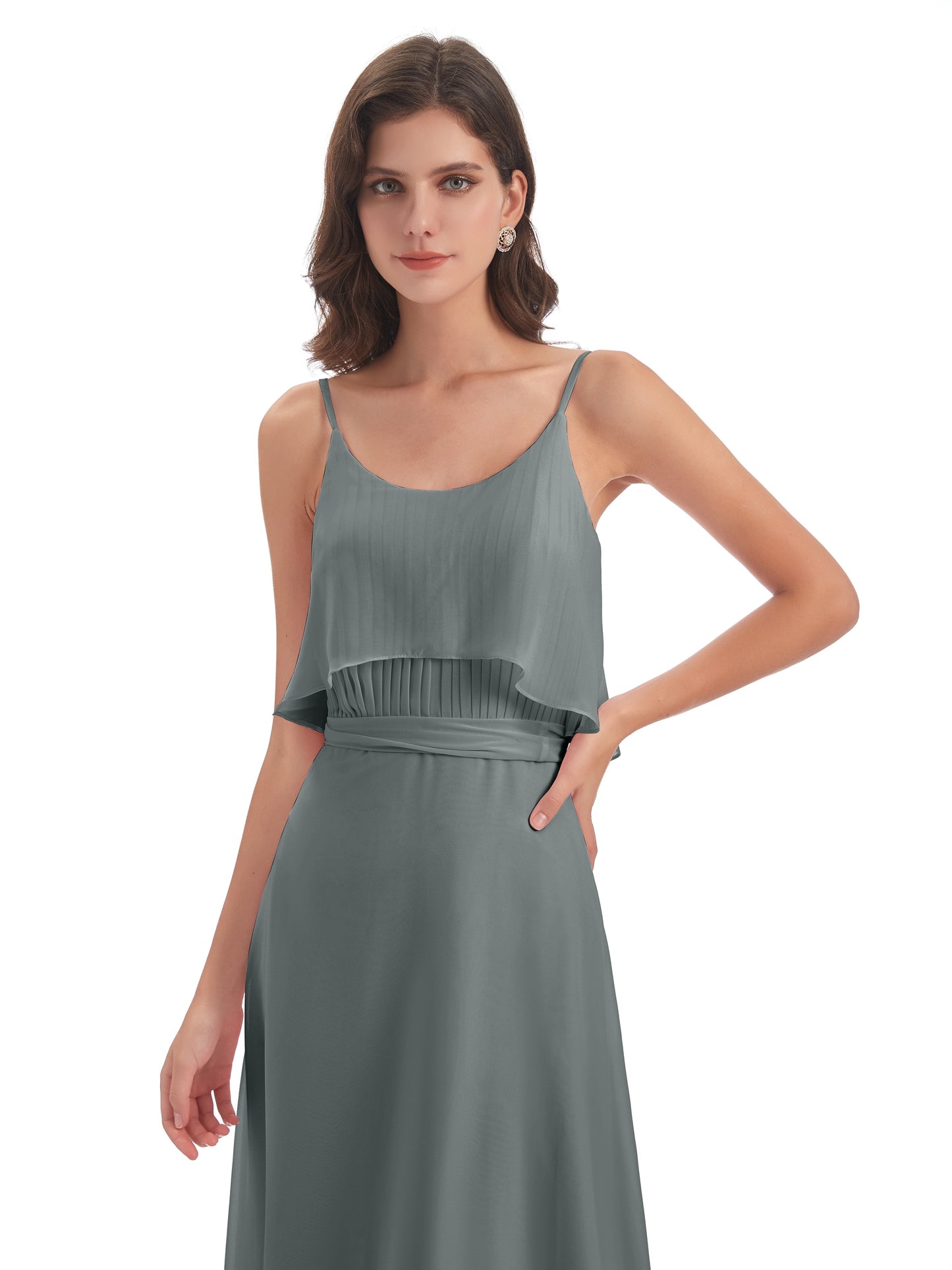 Vada Sheath-Column Floor Length Spaghetti Straps Chiffon Long Bridesmaid Dresses
