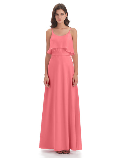 Vada Sheath-Column Floor Length Spaghetti Straps Chiffon Long Bridesmaid Dresses