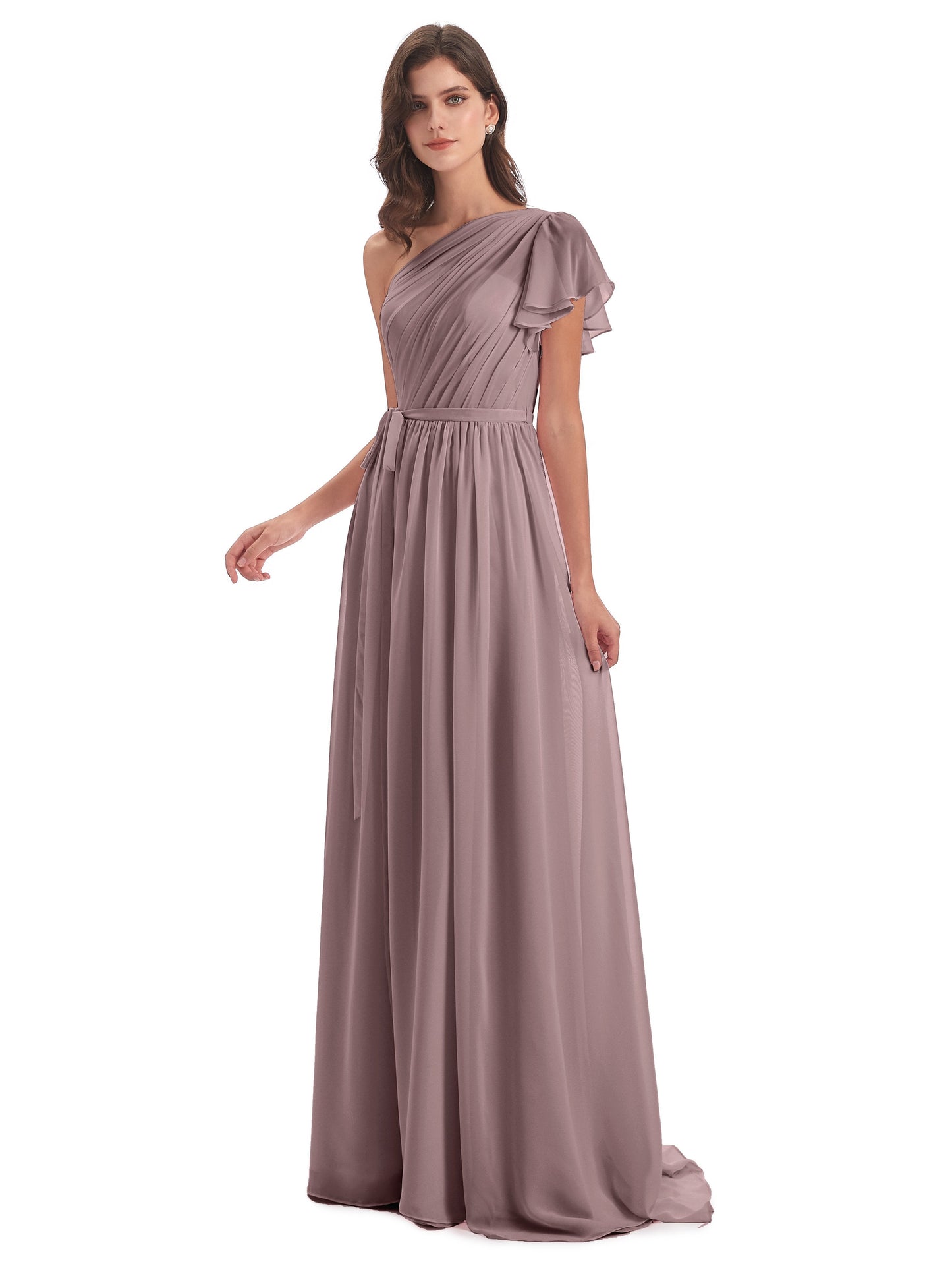 A-line Sweep-Brush Train One Shoulder Chiffon Long Bridesmaid Dresses