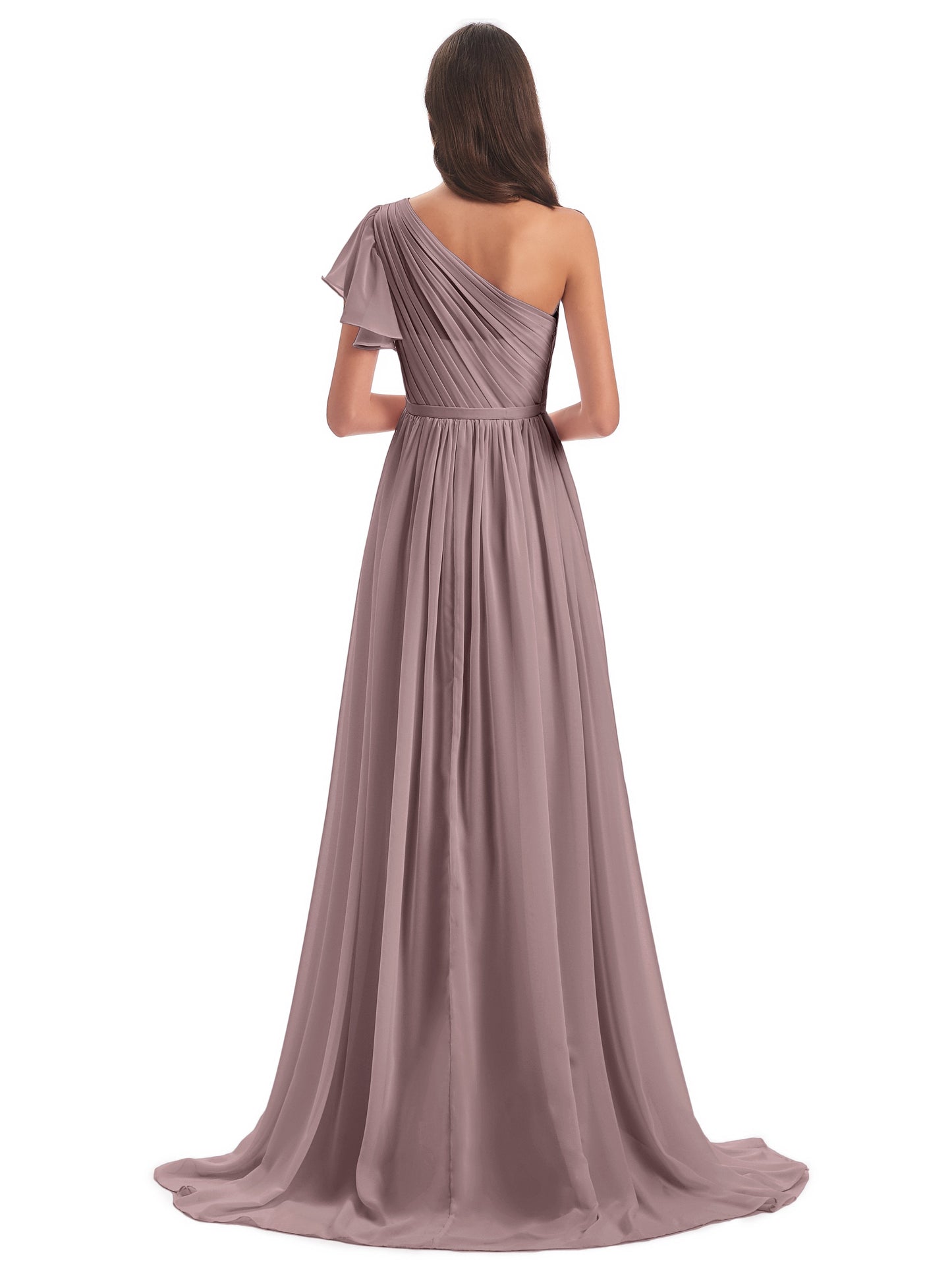 A-line Sweep-Brush Train One Shoulder Chiffon Long Bridesmaid Dresses