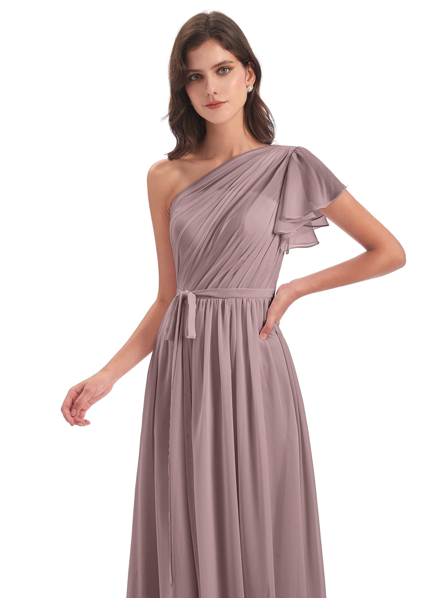 A-line Sweep-Brush Train One Shoulder Chiffon Long Bridesmaid Dresses