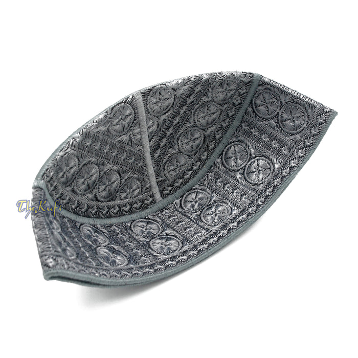 Gray Intricately Embroidered Rigid Round Pakistani-Style Kufi Hat