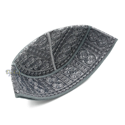 Gray Intricately Embroidered Rigid Round Pakistani-Style Kufi Hat