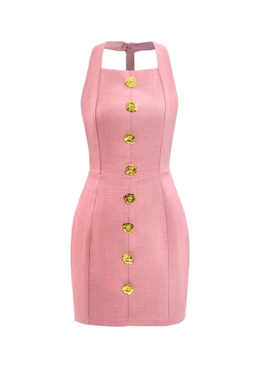 Halter Mini Dress with Rose Gold Buttons