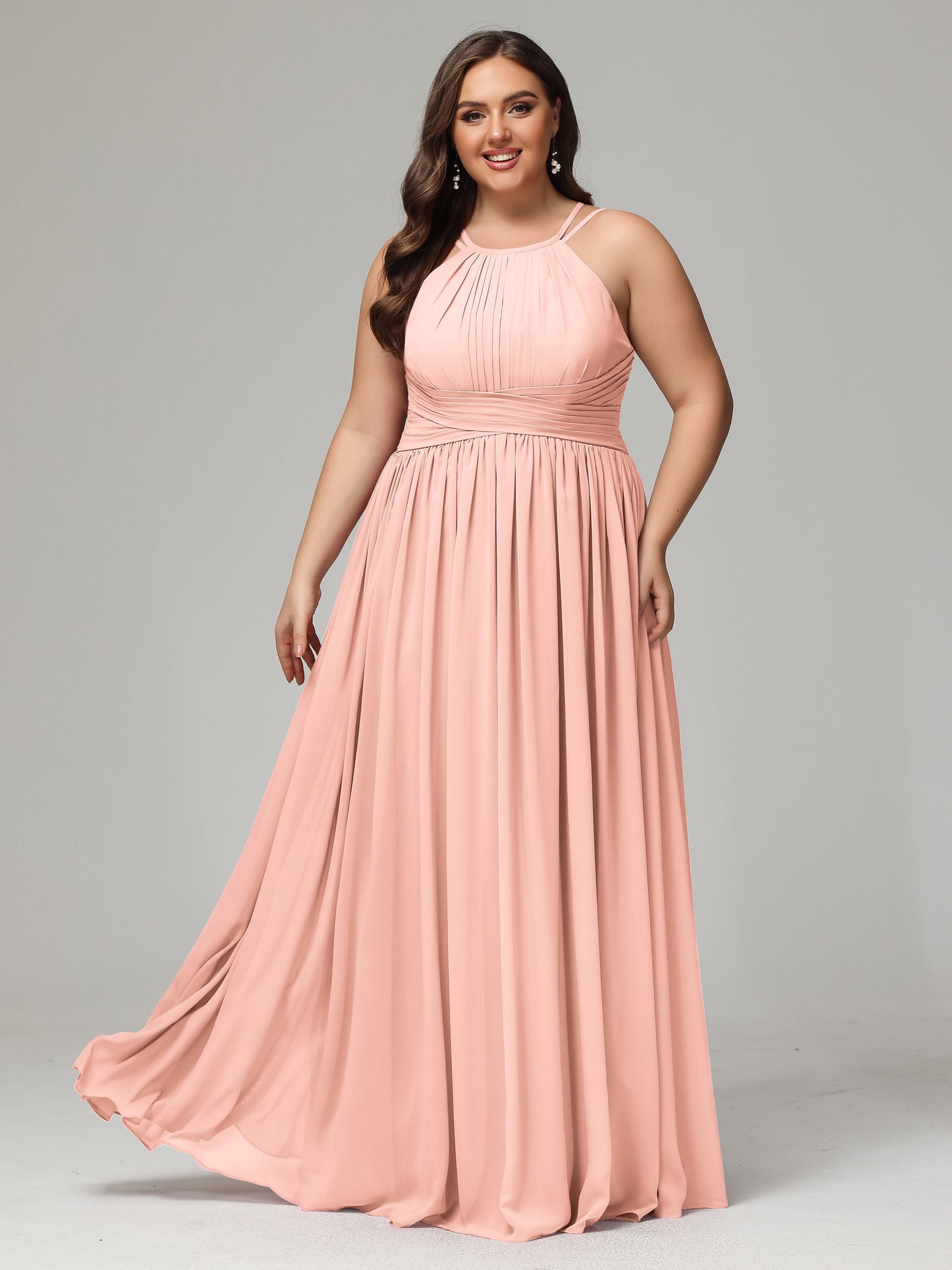 Halter & Straps on back Chiffon Bridesmaid Dress Plus Size