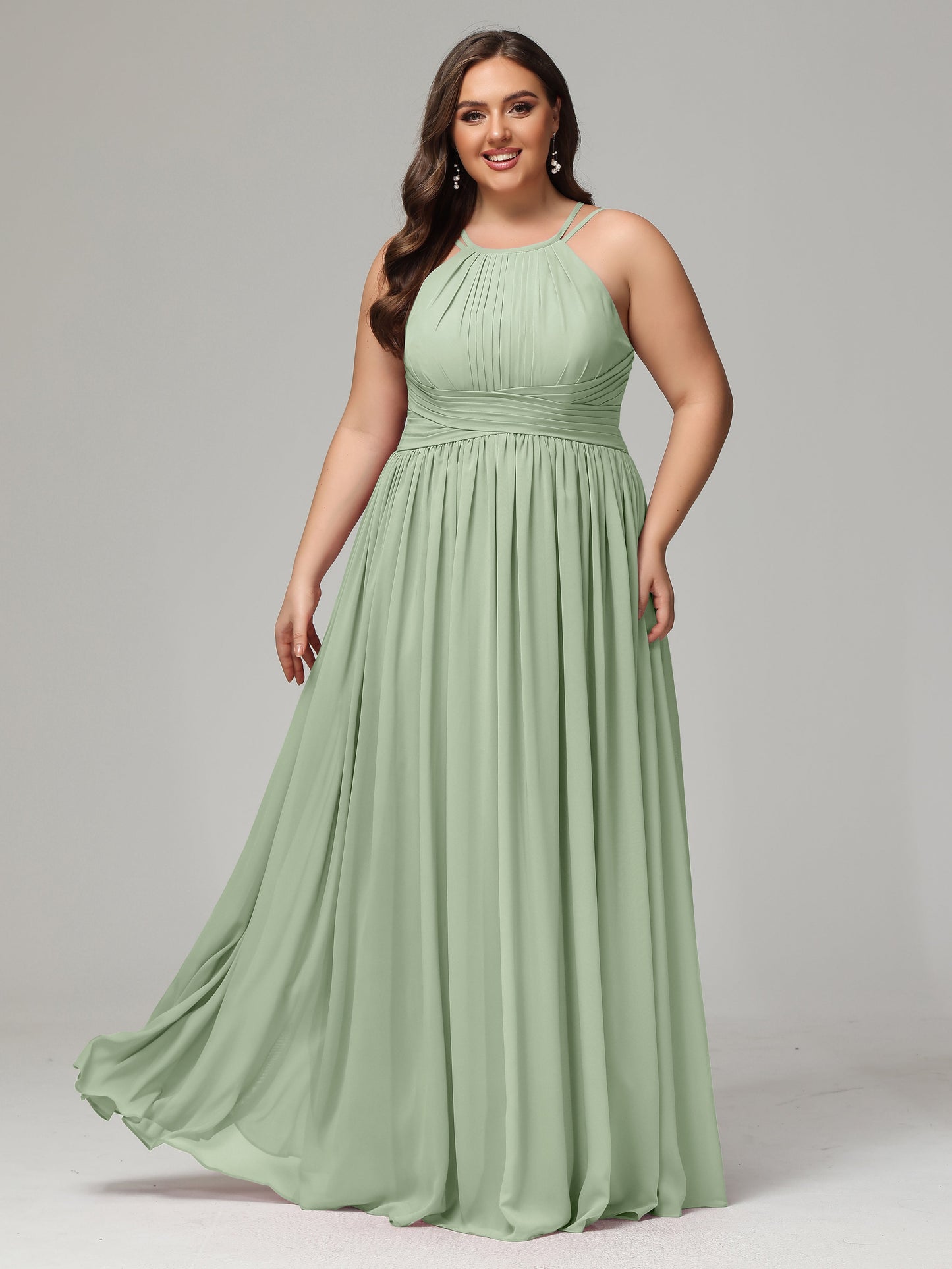 Halter & Straps on back Chiffon Bridesmaid Dress Plus Size