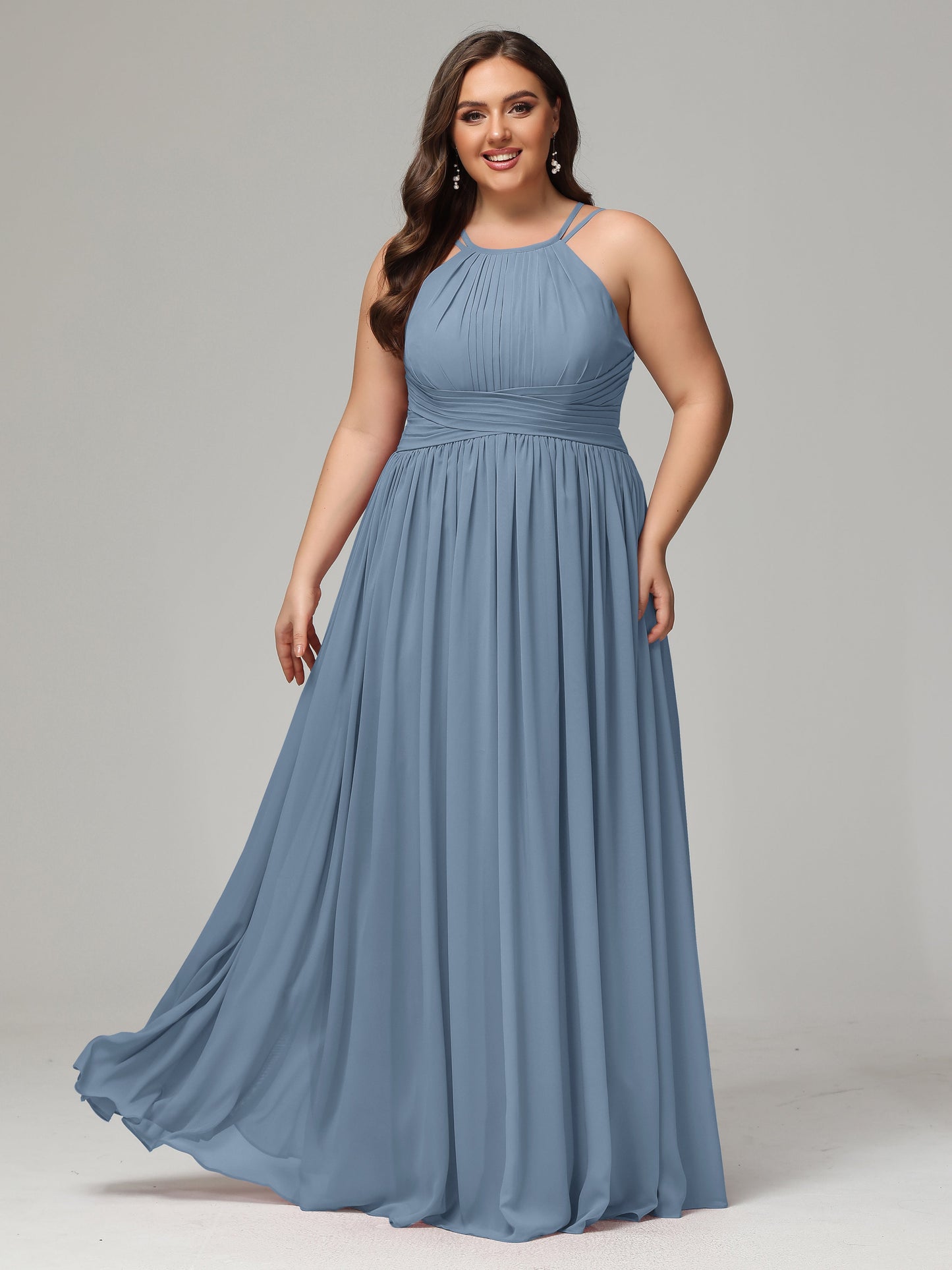 Halter & Straps on back Chiffon Bridesmaid Dress Plus Size