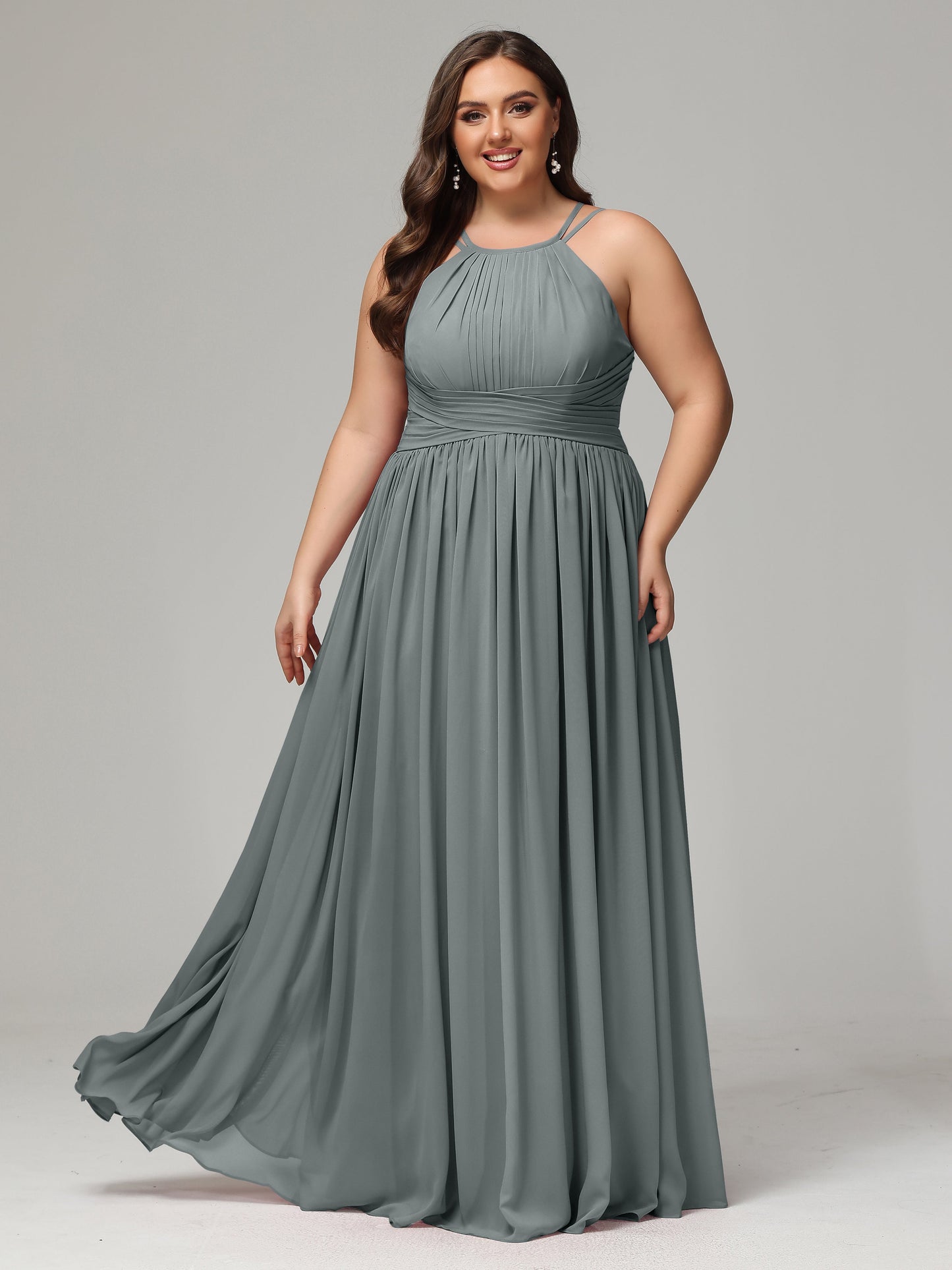 Halter & Straps on back Chiffon Bridesmaid Dress Plus Size