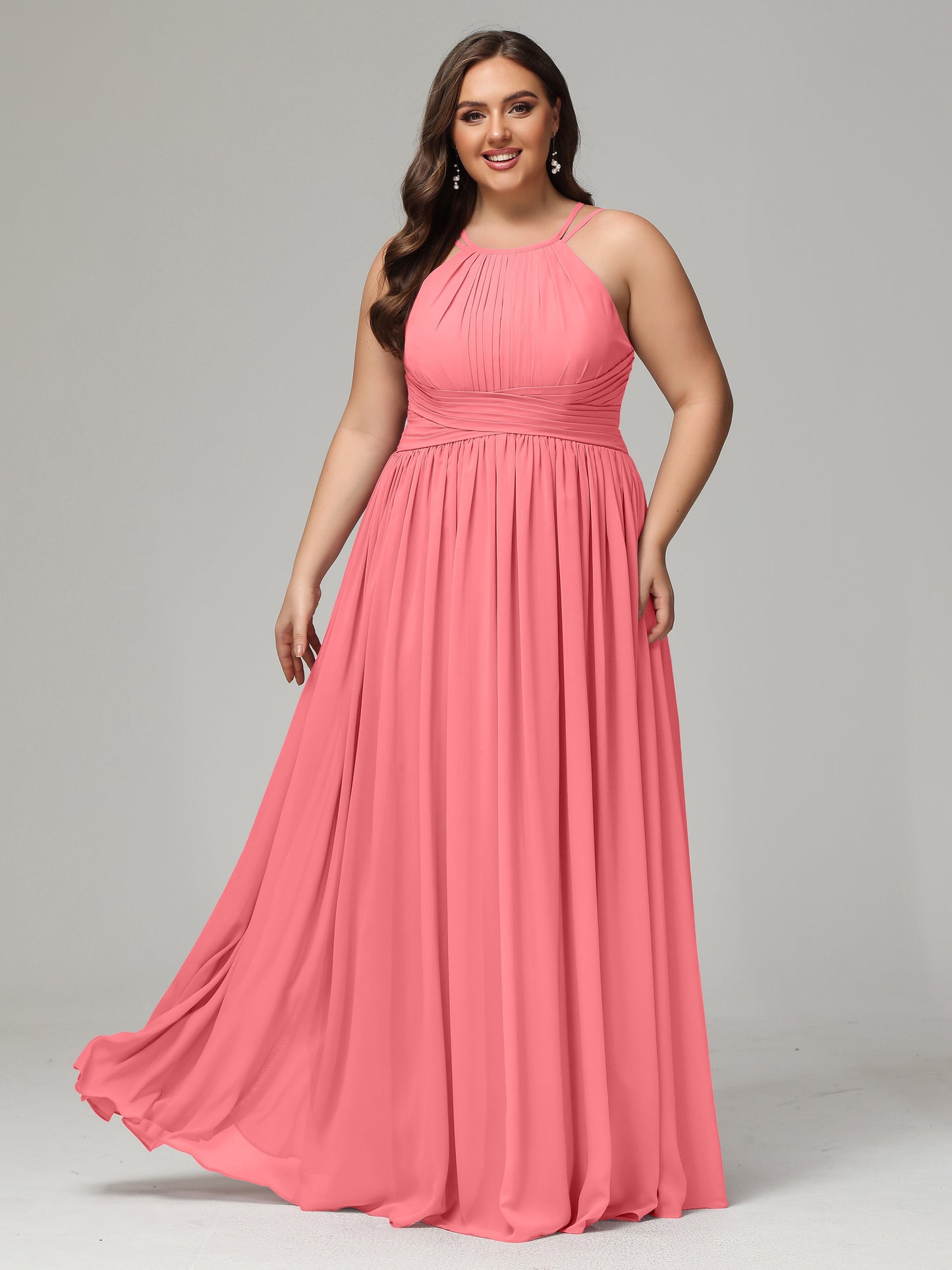 Halter & Straps on back Chiffon Bridesmaid Dress Plus Size