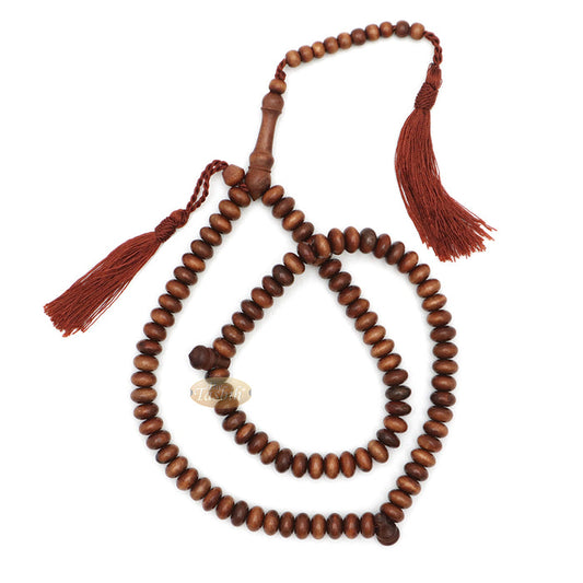 Ironwood Islamic Misbaha Tasbih - 10x5 mm 99-Bead Flat Oval Handmade Muslim Prayer Beads with 2 Brown Tassels