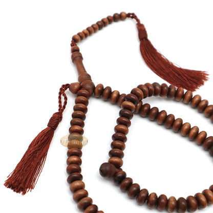 Ironwood Islamic Misbaha Tasbih - 10x5 mm 99-Bead Flat Oval Handmade Muslim Prayer Beads with 2 Brown Tassels