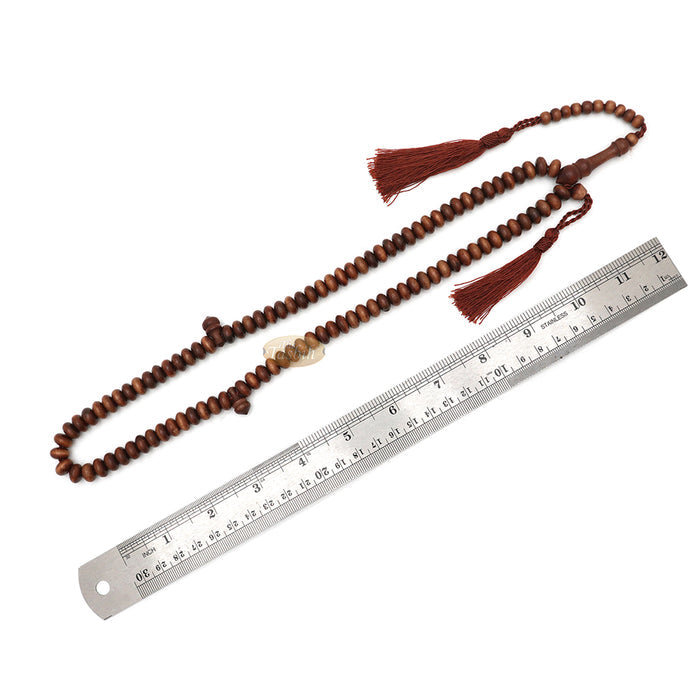 Ironwood Islamic Misbaha Tasbih - 10x5 mm 99-Bead Flat Oval Handmade Muslim Prayer Beads with 2 Brown Tassels