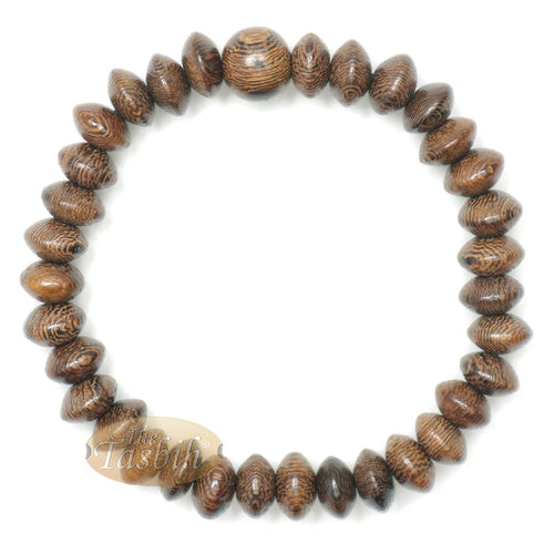 Brown wooden tasbih bracelet with oval textured beads from TheTasbih.com.
