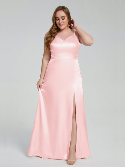 Adelyn Split Plus Size Soft Satin Long Bridesmaid Dresses