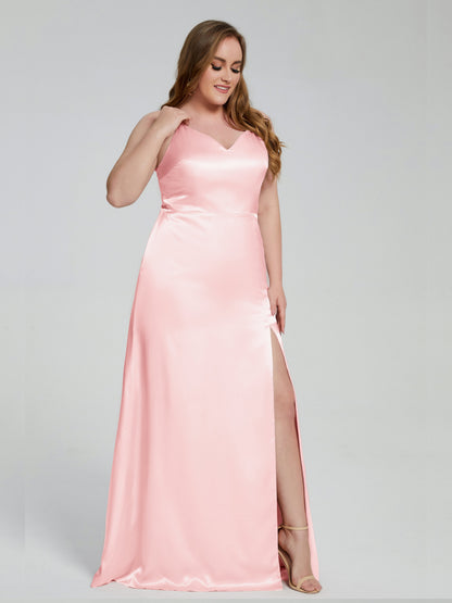 Adelyn Split Plus Size Soft Satin Long Bridesmaid Dresses