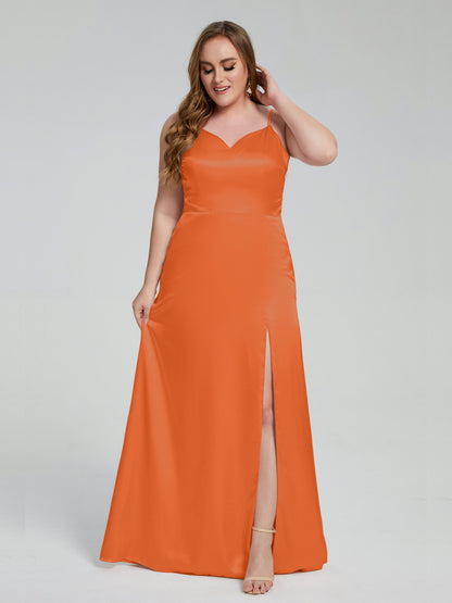 Adelyn Split Plus Size Soft Satin Long Bridesmaid Dresses