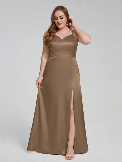 Adelyn Split Plus Size Soft Satin Long Bridesmaid Dresses