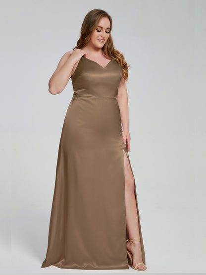 Adelyn Split Plus Size Soft Satin Long Bridesmaid Dresses