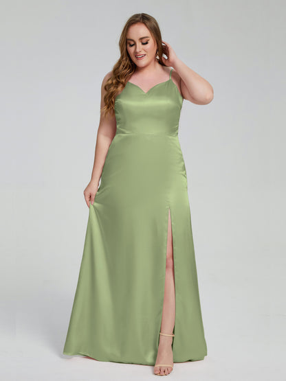 Adelyn Split Plus Size Soft Satin Long Bridesmaid Dresses