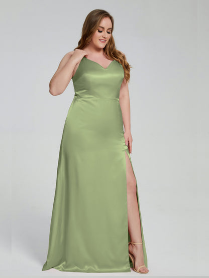 Adelyn Split Plus Size Soft Satin Long Bridesmaid Dresses