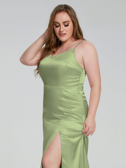 Adelyn Split Plus Size Soft Satin Long Bridesmaid Dresses