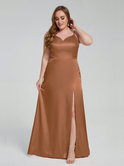 Adelyn Split Plus Size Soft Satin Long Bridesmaid Dresses