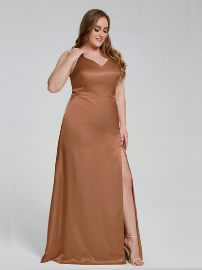 Adelyn Split Plus Size Soft Satin Long Bridesmaid Dresses