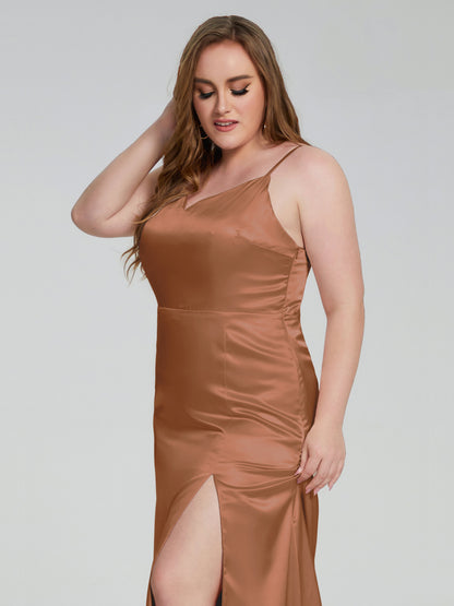Adelyn Split Plus Size Soft Satin Long Bridesmaid Dresses