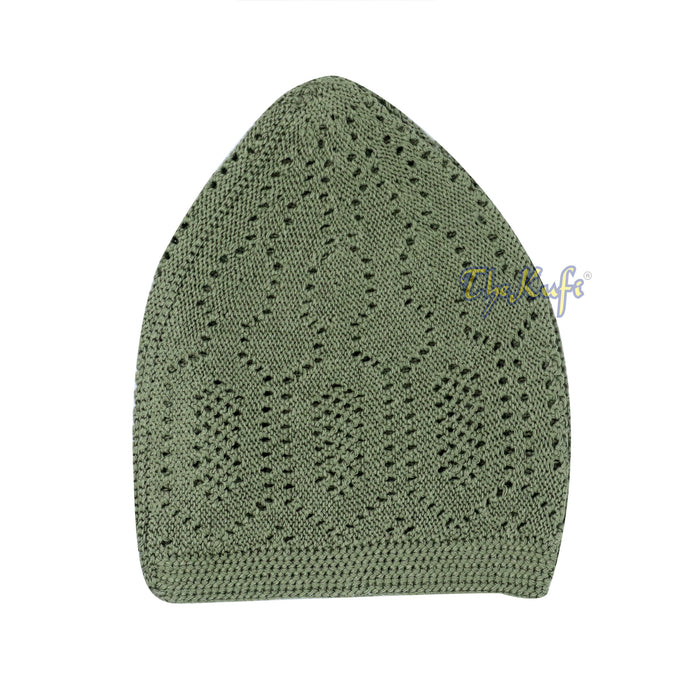 Kids Olive Green Machine Knit Open-Work Turkish Kufi Cap
